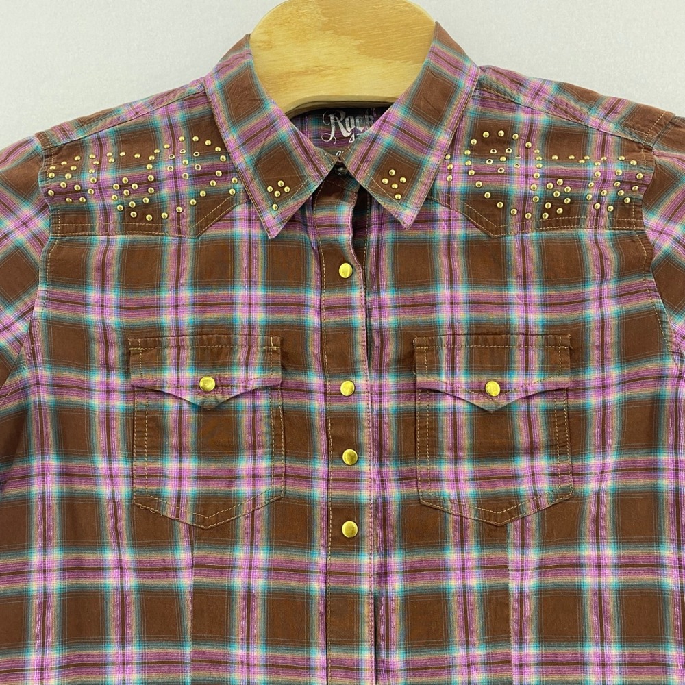 Rock 47 Wrangler XL Brown Pink Plaid Western‎ Snap Shirt Studded Long Sleeve